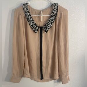 Light pink long sleeve button down with embellished pearl collar, size s